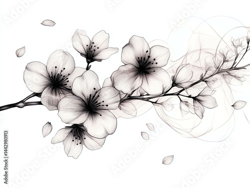 Elegant black and white illustration of delicate cherry blossoms with a graceful branch and swirling petals.