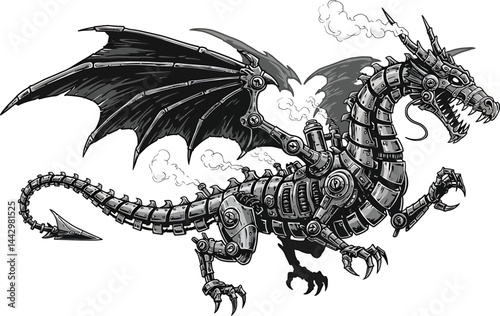 Steampunk Dragon: Black and White Vector Illustration