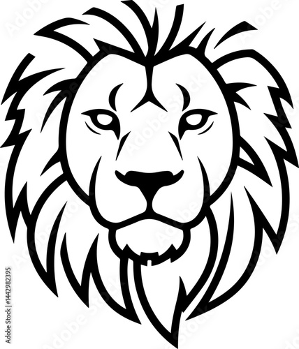 Vector illustration of a lion head in black and white with bold lines, perfect for logos, tattoos, or strong ornamental designs.
