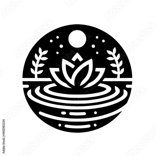 Graphic Lotus Flower Logo - Serene Nighttime Nature Icon with Moon, Stars & Water Ripples in Circle