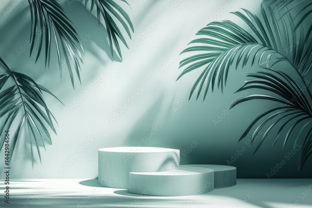 Fototapeta premium Muted teal display podium with tropical foliage.