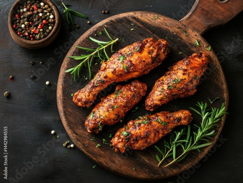 Rustic Chicken Wings Delightful Rosemary Garnished on Dark Wood Cutting Board Against Black Backdrop