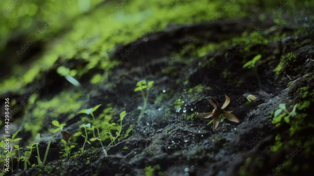 Macro View of Mossy Forest Floor with New Plant Growth and Dew-Covered Webs Macro View of Mossy Forest Floor with New Plant Growth and Dew-Covered Webs