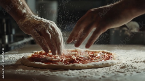 Chef preparing a Neapolitan pizza pie with fresh tomato sauce and mozzarella