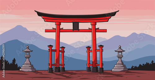 Serene Japanese Torii Gate and Mountains