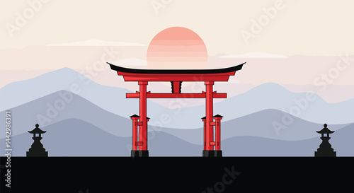 Serene Japanese Torii Gate and Mountains