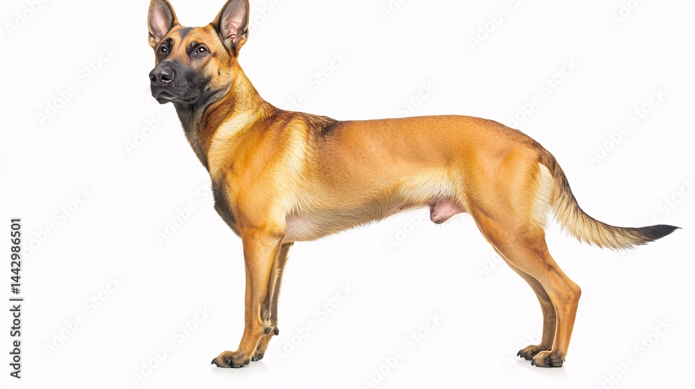 Belgian Malinois standing alert on a white background, ears perked forward, focused expression, showcasing its intelligence and readiness for training. Muscular build, short tan coat with black Belgian Malinois standing alert on a white background, ears perked forward, focused expression, showcasing its intelligence and readiness for training. Muscular build, short tan coat with black