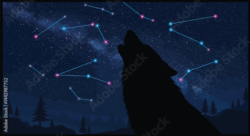 Howling Wolf Under the Stars - Vector Art