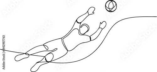 Continuous line drawing of a soccer goalkeeper making a mid-air save in dynamic minimalist black and white style

