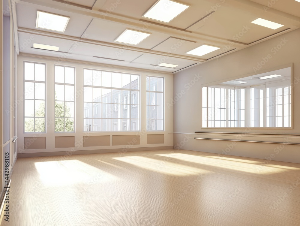 Fototapeta premium Serene dance studio illuminated by natural light showcasing spacious design with a mirrored wall and bright atmosphere
