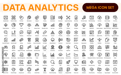 Big Data and Analytics Icon Pack – Cloud, AI, Charts, Visualization, Technology, Dashboard – Vector, Line, Outline, Minimal, Illustration Icons