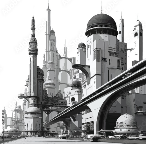 Vector Futuristic Cityscape, Detailed Monochrome Urban Design.