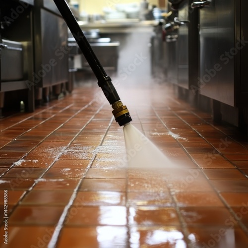 Professional kitchen floor cleaning with water jet spray nozzle in a commercial restaurant interior space