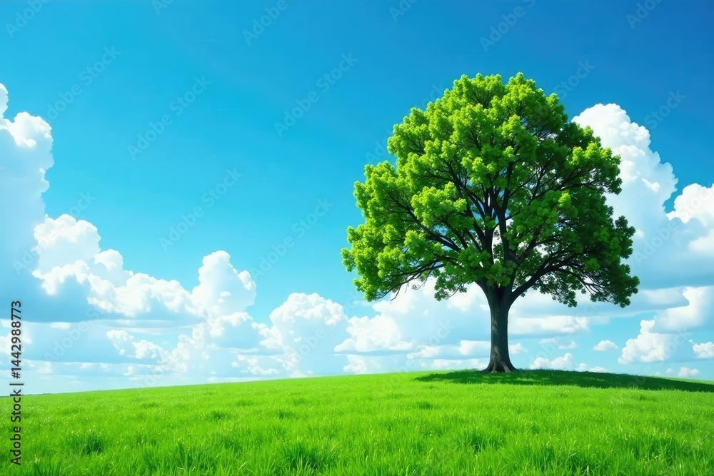 Obraz premium single tree against a clear blue sky with clouds, tree, vast, sky