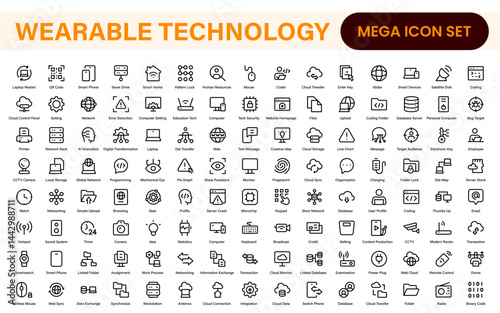 Wearable Technology Icons – Minimal Outline Vector Set for Smart Gadgets, Fitness Trackers, Smartwatches and AR Devices – Line Illustration Pack