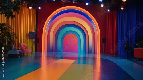 Vibrant rainbow tunnel stage set with colorful geometric floor pattern and retro furniture design studio setup