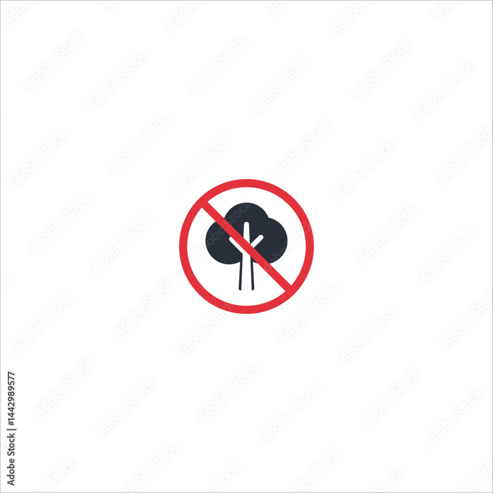 Flat vector icon of tree crossed out with prohibition symbol. Represents deforestation, non-eco areas, no vegetation zones or environmental warnings. Flat vector icon of tree crossed out with prohibition symbol. Represents deforestation, non-eco areas, no vegetation zones or environmental warnings.