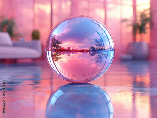 A reflective sphere holds city view pink sunset colors and a blurred modern room in the soft background