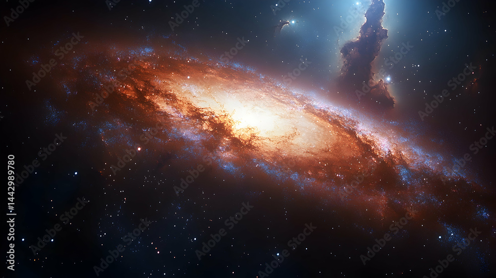 A galaxy shines its fiery heart glowing brightly amidst swirling cosmic dust and distant sparkling stars A galaxy shines its fiery heart glowing brightly amidst swirling cosmic dust and distant sparkling stars