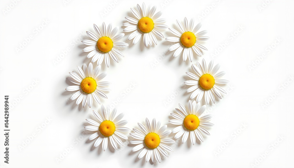 Obraz premium White daisies forming a circular pattern on white background 
