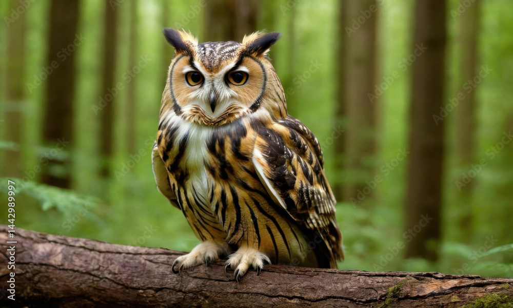 A majestic owl perches on a tree branch amidst a dense forest setting A majestic owl perches on a tree branch amidst a dense forest setting