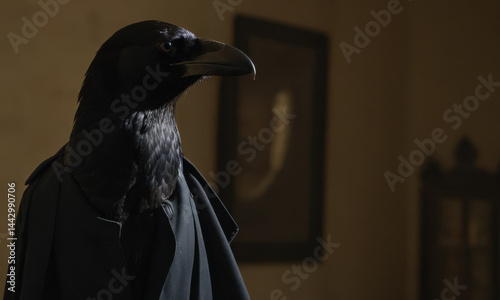 A black bird perches on the floor of a dimly lit room