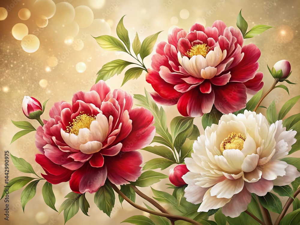 Elegant Red & White Peony Watercolor Painting - Chinese Floral Art with Gold Border, High Resolution