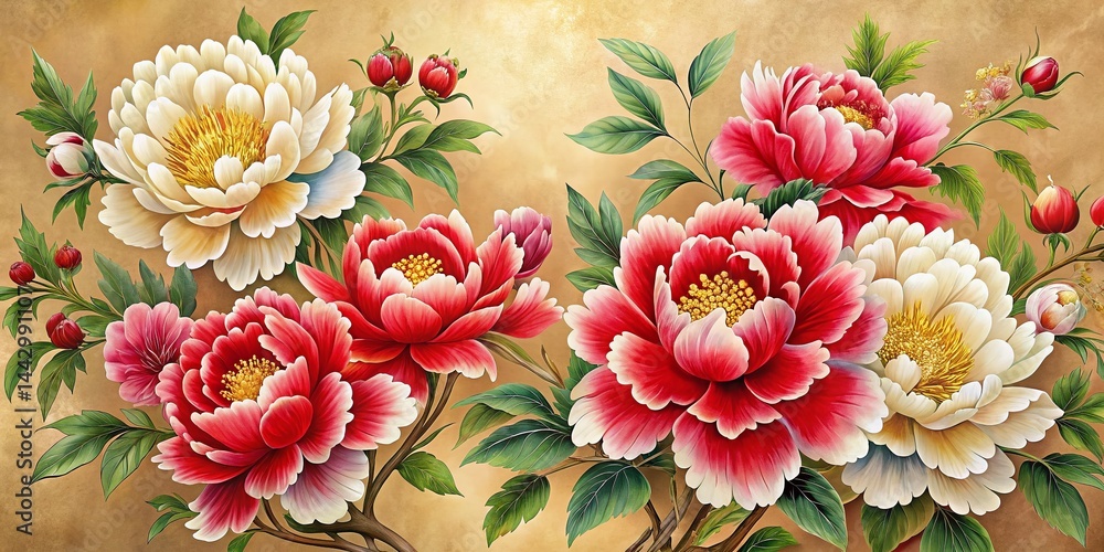 Exquisite Chinese Peony Painting: Red & White Watercolor Blooms with Intricate Gold Details on Beige