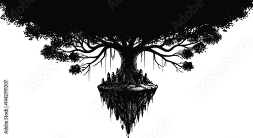Upside-Down Tree, Floating Island, Surreal Vector Art