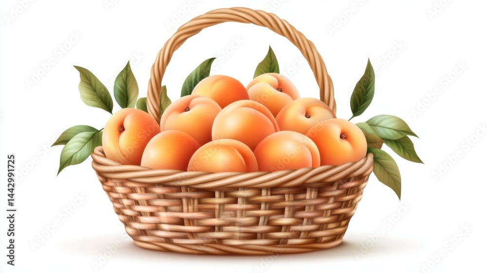 Ripe apricots in rustic basket with green leaves against white backdrop fresh fruit harvest still life summer abundance healthy eating concept for stock photography Ripe apricots in rustic basket with green leaves against white backdrop fresh fruit harvest still life summer abundance healthy eating concept for stock photography