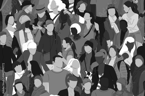 Seamless pattern with monochrome gray crowd of different people, men and women. Diversity concept. Pedestrians at rush hour walking. Vector illustration.