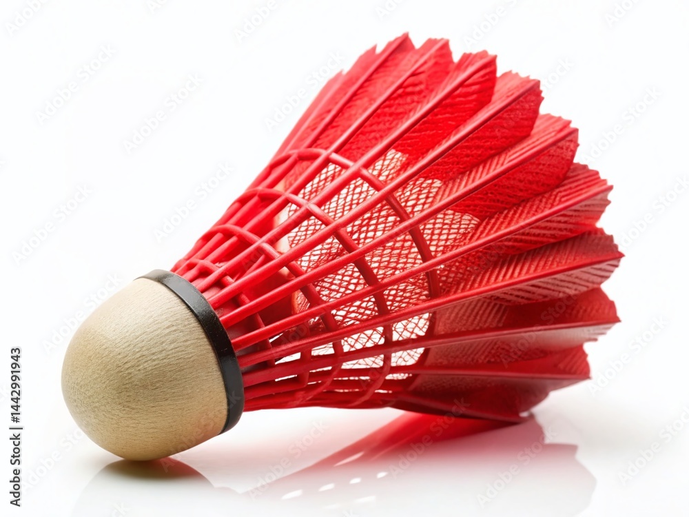 Red Shuttlecock on White: Professional Badminton Equipment Stock Photo