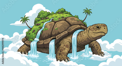 Giant Turtle Island in Clouds, Vector Art