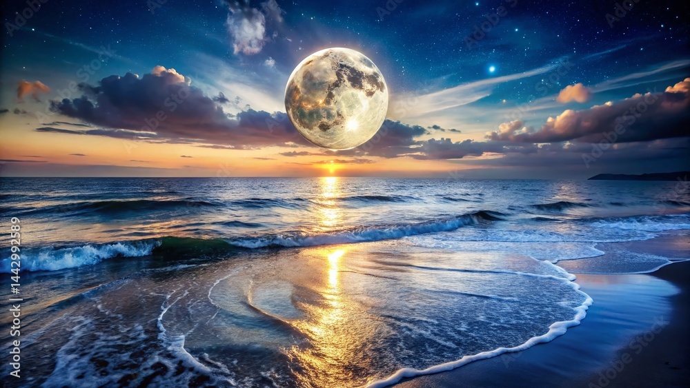 Serene Night Seascape: Full Moon, Starry Sky, Calm Ocean, Glittering Waves