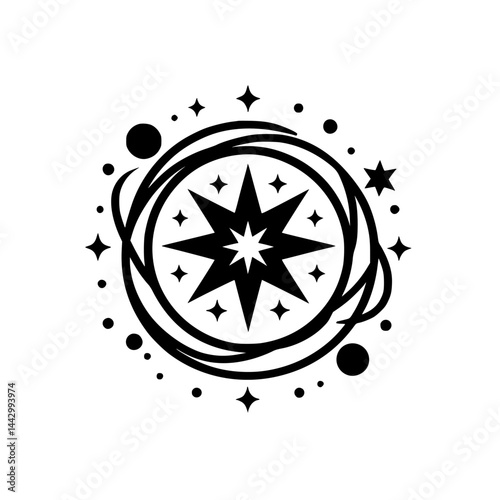 Abstract Cosmic Star Symbol with Swirling Orbits and Celestial Elements - Black and White Illustration