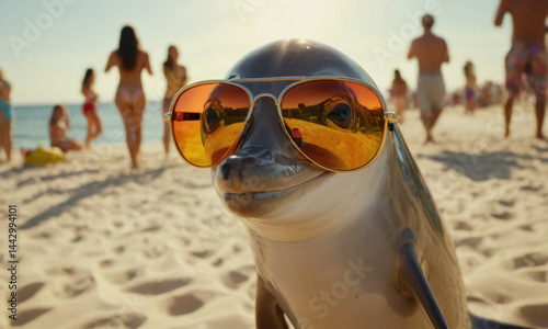 A playful dolphin is enjoying its time on the sunny beach, accessorized with trendy sunglasses