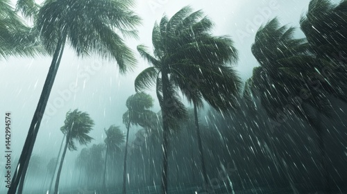Dramatic tropical storm scene with palm trees bending in heavy rain and wind creating a moody atmosphere and a sense of nature's power in a coastal setting