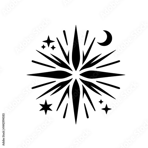 Graphic Black Celestial Starburst, Crescent Moon, and Stars Illustration. Cosmic Stencil Design on White.