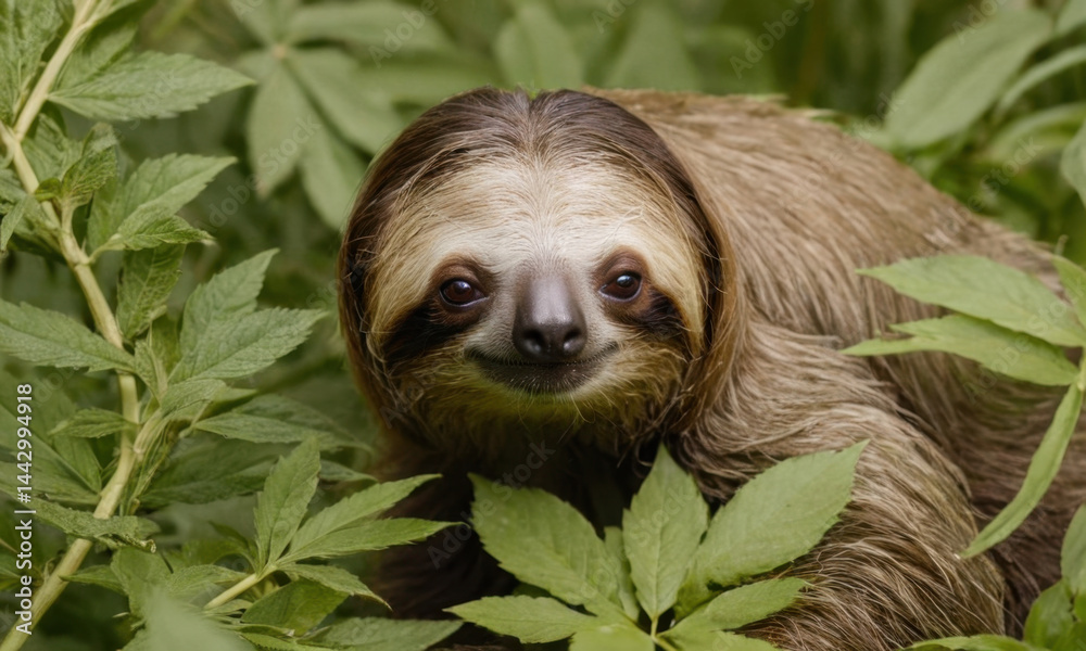 Fototapeta premium Close-up of a sloth surrounded by lush greenery