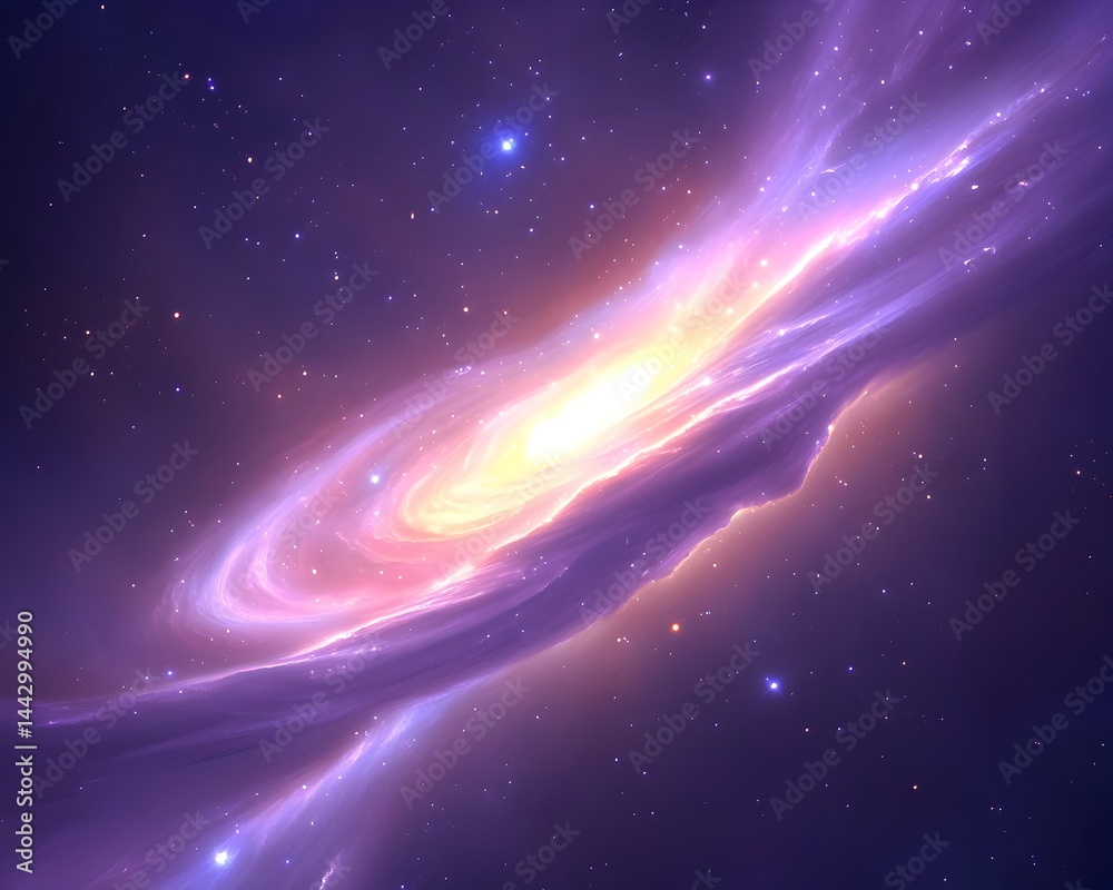 Fototapeta premium A vibrant, swirling galaxy with a bright core, illuminated by glowing purple and orange nebulae against a dark space backdrop