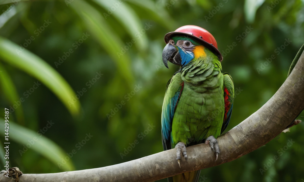 Obraz premium Colorful parrot perched on a tree branch, ready to take flight