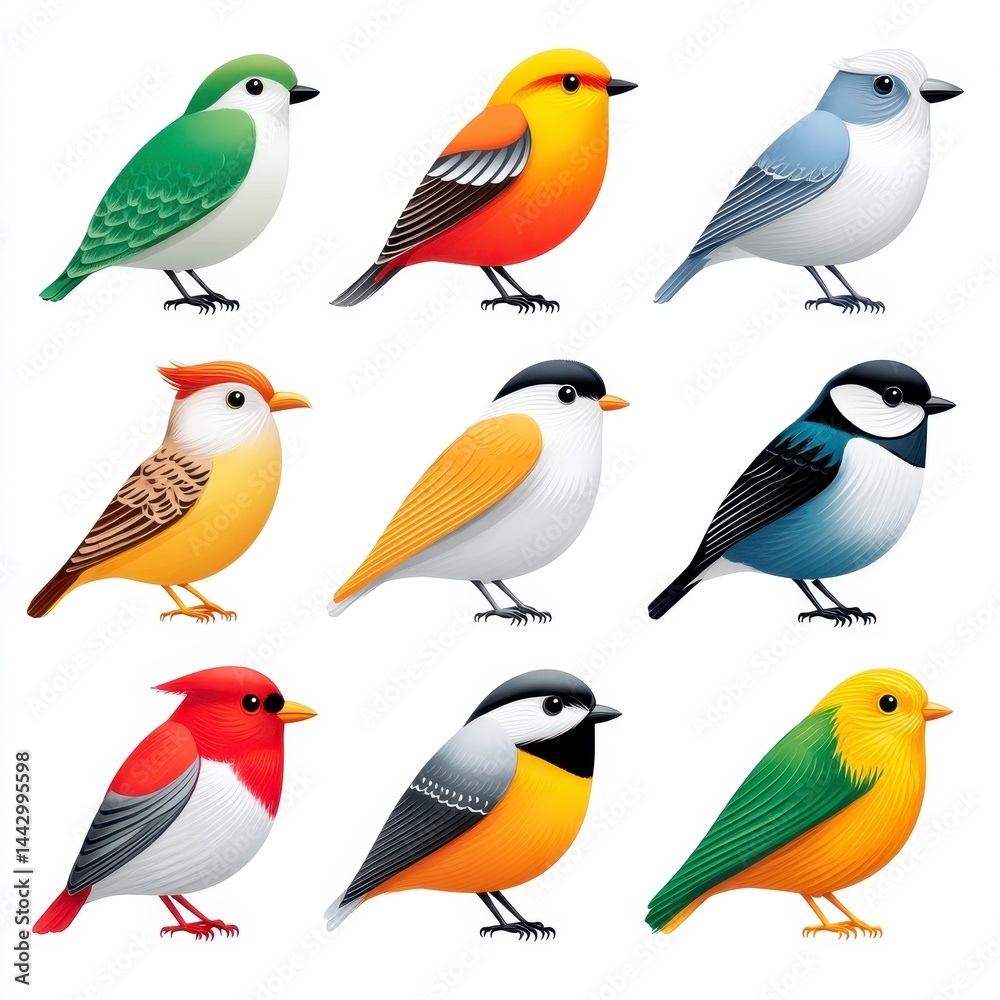 Obraz premium Nine Colorful Bird Illustrations on White Background