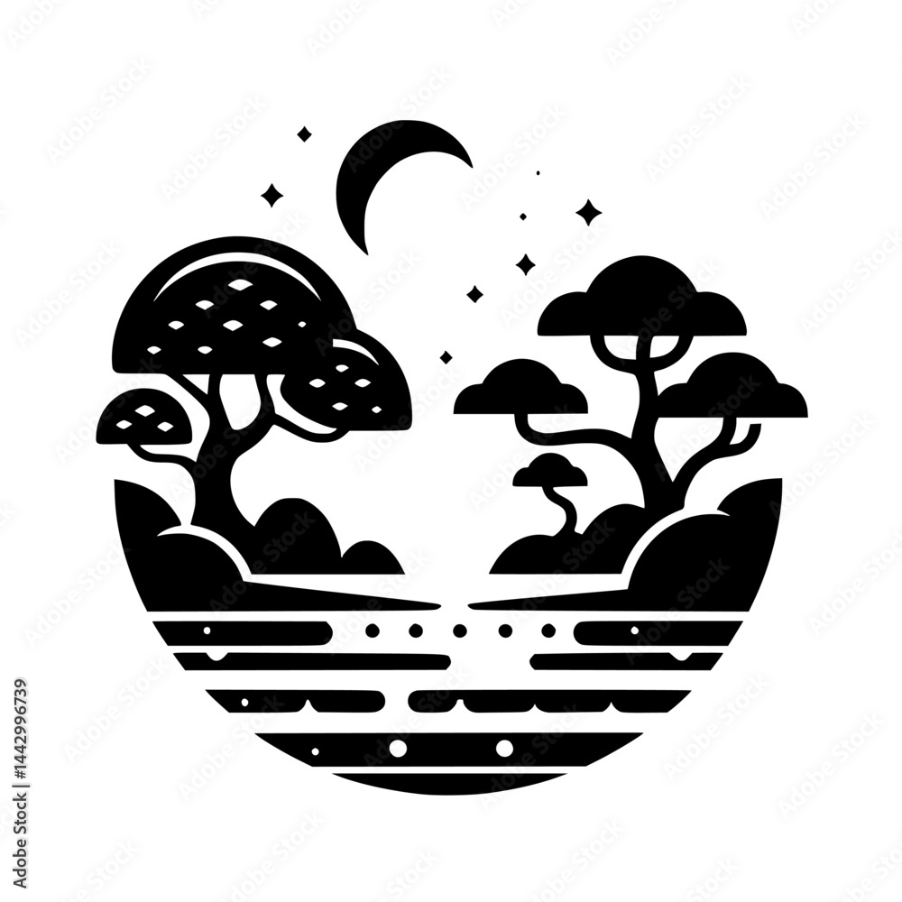 Fototapeta premium Graphic Black and White Night Landscape Silhouette - Minimalist Nature Scene with Moon and Stars