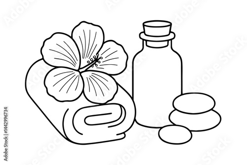 Black outline illustration featuring a spa towel, hibiscus flower, essential oil bottle, and massage stones. Vector illustration