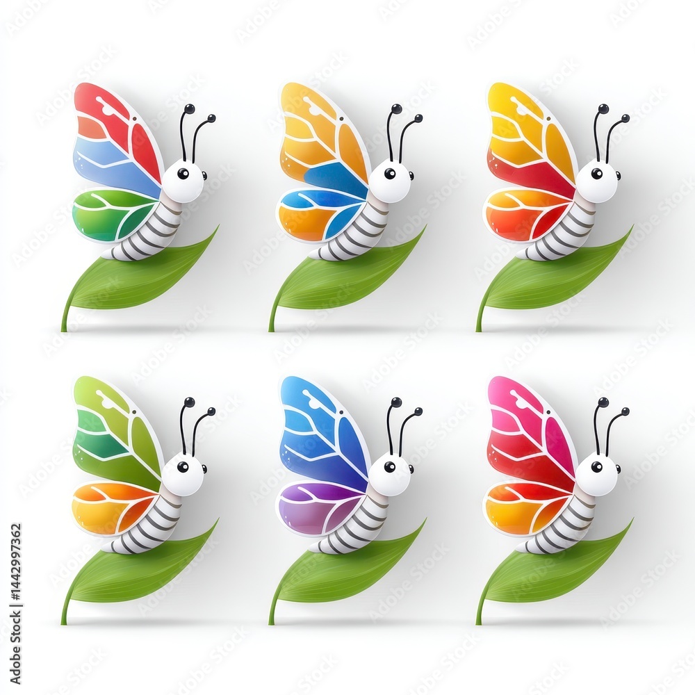 Obraz premium Six Colorful Cartoon Butterflies on Green Leaves