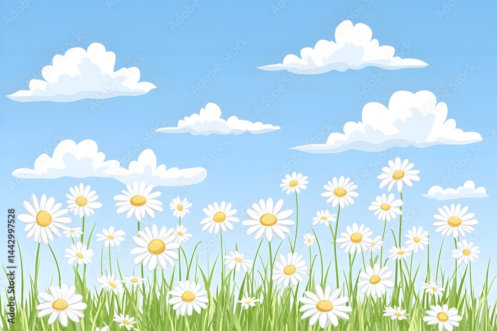 Daisies bloom in a field of green grass under a bright blue sky dotted with fluffy white clouds Daisies bloom in a field of green grass under a bright blue sky dotted with fluffy white clouds