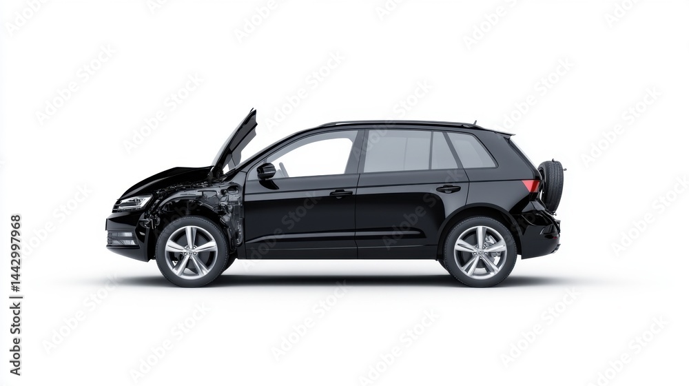 Fototapeta premium Black SUV with Open Hood Isolated on White Background