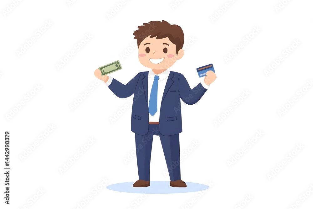 A happy businessman holds cash and a credit card, symbolizing financial success and payment options A happy businessman holds cash and a credit card, symbolizing financial success and payment options