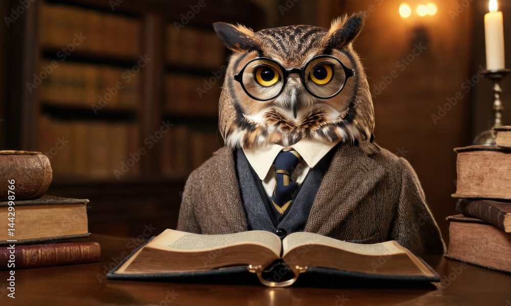 A wise owl in a business attire studying from an open book A wise owl in a business attire studying from an open book