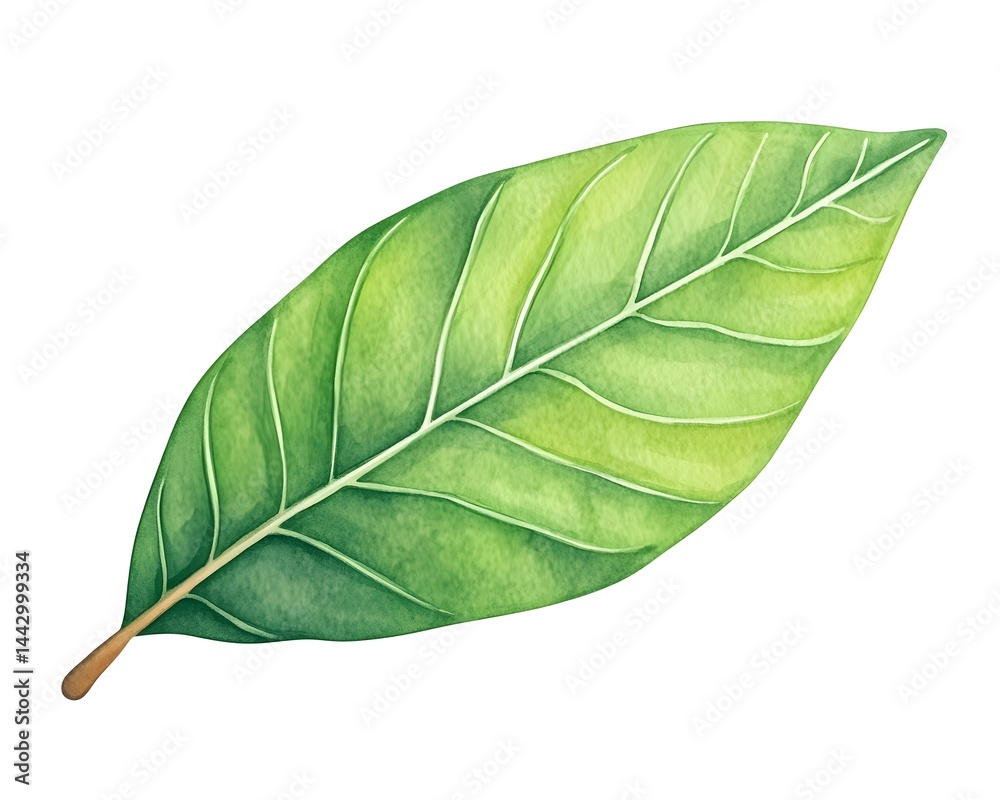 Obraz premium Watercolor painting of a single, vibrant green leaf with prominent veins, isolated on white background